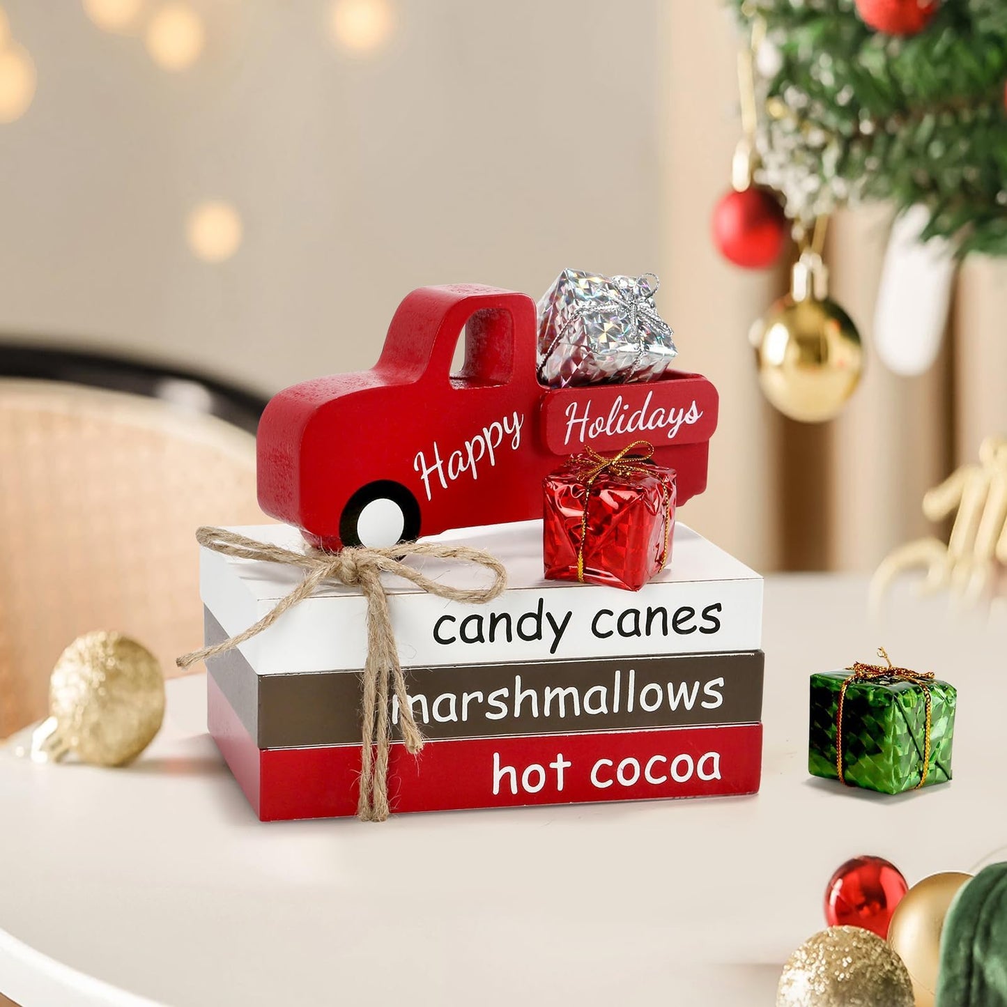 Christmas Decoration 7PCS Table Centerpieces, Tabletop Christmas Tiered Tray Shelf Mantel Fireplace Coffee Bar Office Desk Decor Farmhouse Xmas Wood Faux Book Sign and Gift Boxes Holiday Decoration