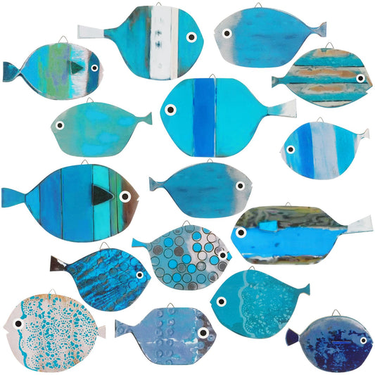 Spiareal 15 Pcs Wood Fish Nautical Wall Decor Wooden School of Fish Wall Art Rustic Hanging Beach Decor Ocean Coastal Theme Vintage Ornaments for Summer Home Lake House Bathroom Bedroom(Classic)