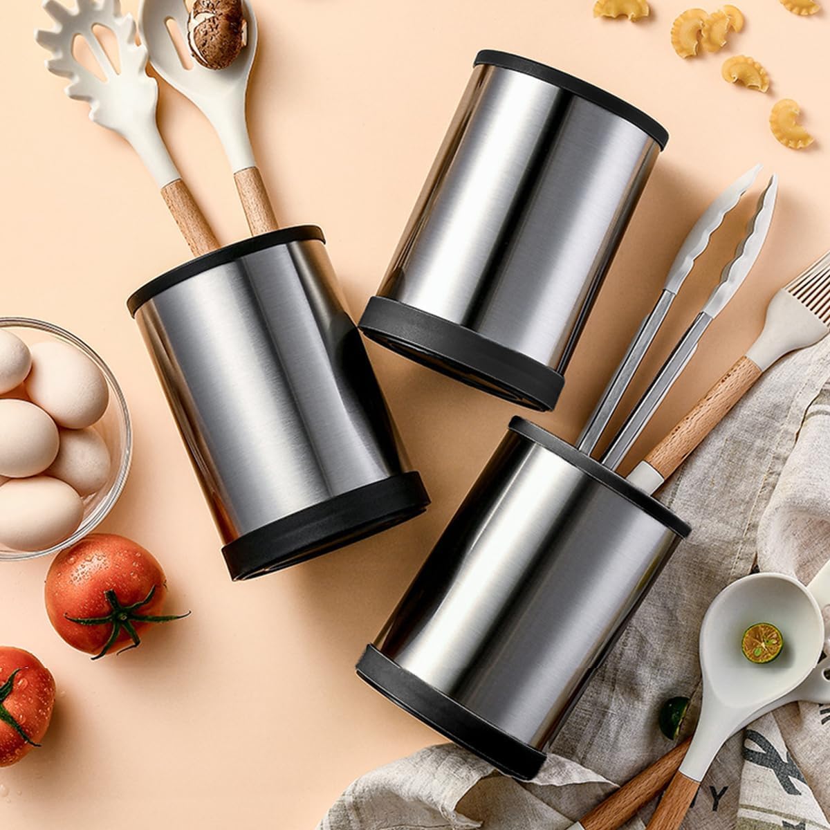 TIMENIL Kitchen Utensil Holder for Countertop, 360°Rotating Cooking Utensil Crocks，4 Compartment Stainless Steel Utensil Holder,6.7”Large Utensil Crock Spoon Fork Knife Holder For Kitchen Counter