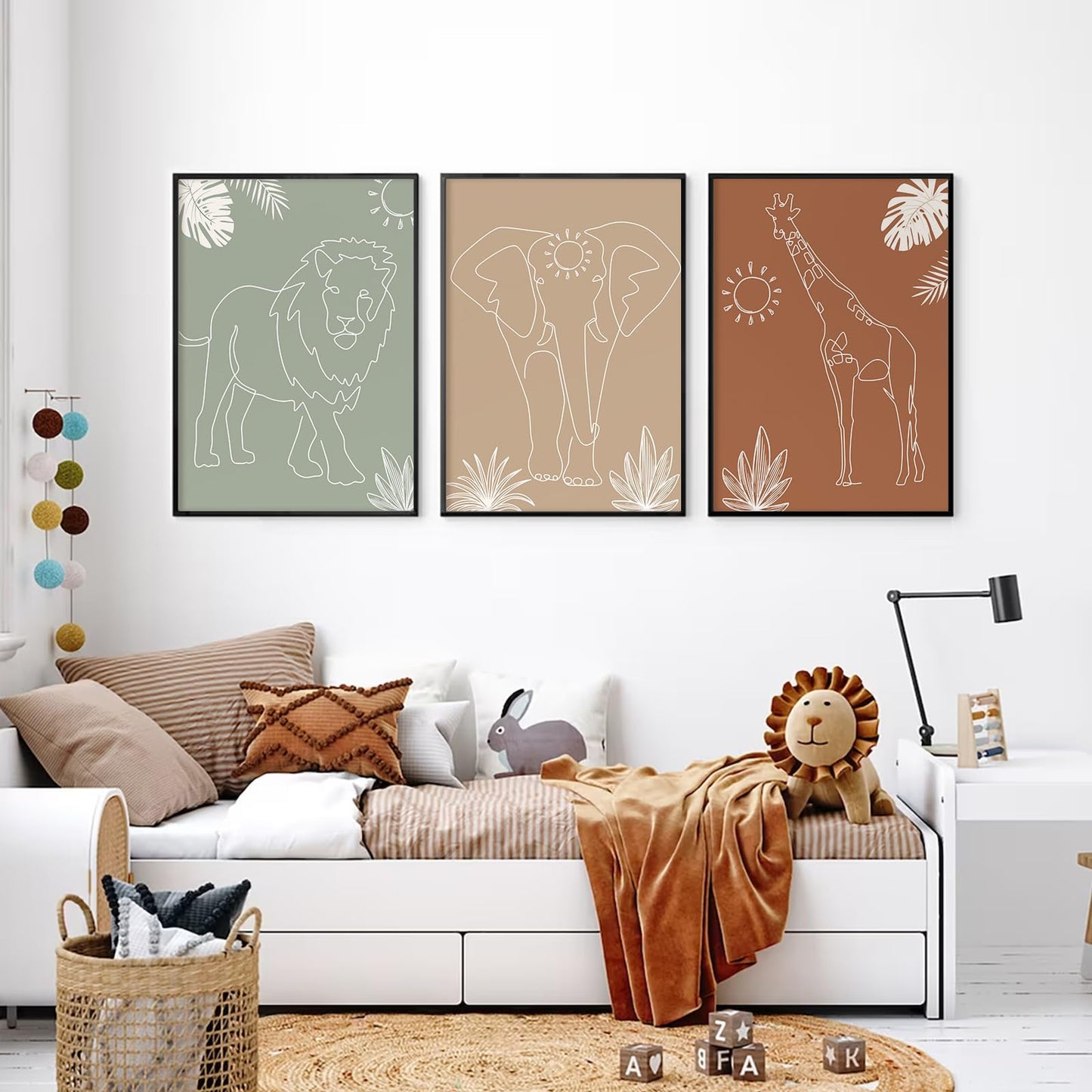 Safari Nursery Wall Art Pictures Baby Animal Canvas Wall Decor Boho Jungle Wall Art Kids Minimalist Poster Elephant Giraffe Lion Prints Nursery Safari Artwork for Bedroom 12x16 Inch Unframed Set of 3