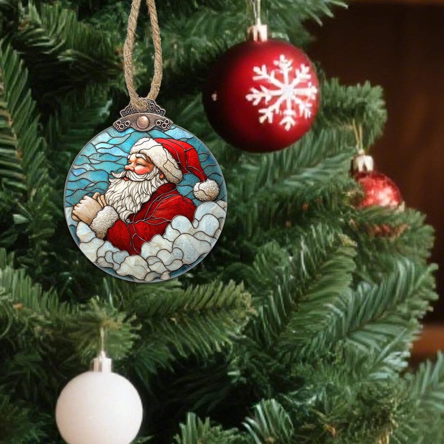 AMDERVEN Stained Glass Christmas Decorations, Kind Santa Claus Suncatcher for Window Christmas Tree Hanging Ornaments Blue and White Sun Catcher Xmas Decor Gifts for Women Men Mom Nana Friend