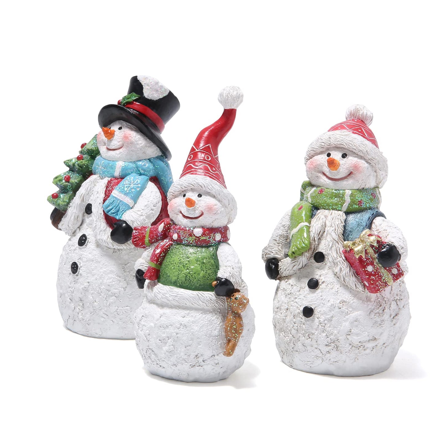 Hodao Snowman Figurines Set of 3, Hand-Painted Resin Christmas Ornaments, Indoor Home Decor for Mantel, Shelf & Tiered Tray, Glitter Accents, Gift-Ready Holiday Decorations
