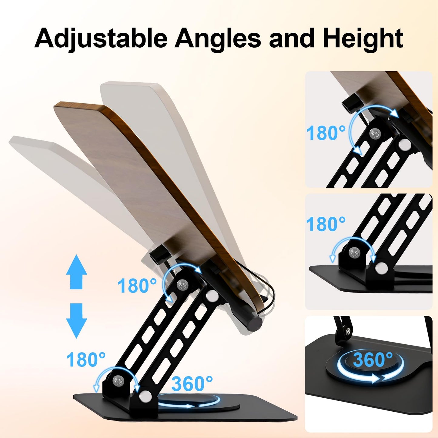 Diesisa Book Stand for Reading: Wooden Book Holder with 360° Rotating Metal Base - Adjustable Book Holder Stand with Elastic Clips for Cookbook, Recipe, Magazine, Laptop,Tablet, for Kitchen, Office
