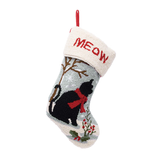 Glitzhome Cat Christmas Stocking, 20 Inch Handmade Hooked Vintage Xmas Fireplace Hanging Decor with 3D Appliqué, Red Acrylic-Polyester Holiday Stocking for Pet Lovers