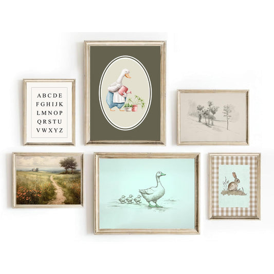 Pormipone 6 PCS Vintage Nursery Wall Art Baby Girl & Boy Nursery Decor Alphabet Rabbit Goose Picture Farmhouse Canvas Prints for Girls & Boys Room Bedroom Decorations 12x16 in (Unframed)