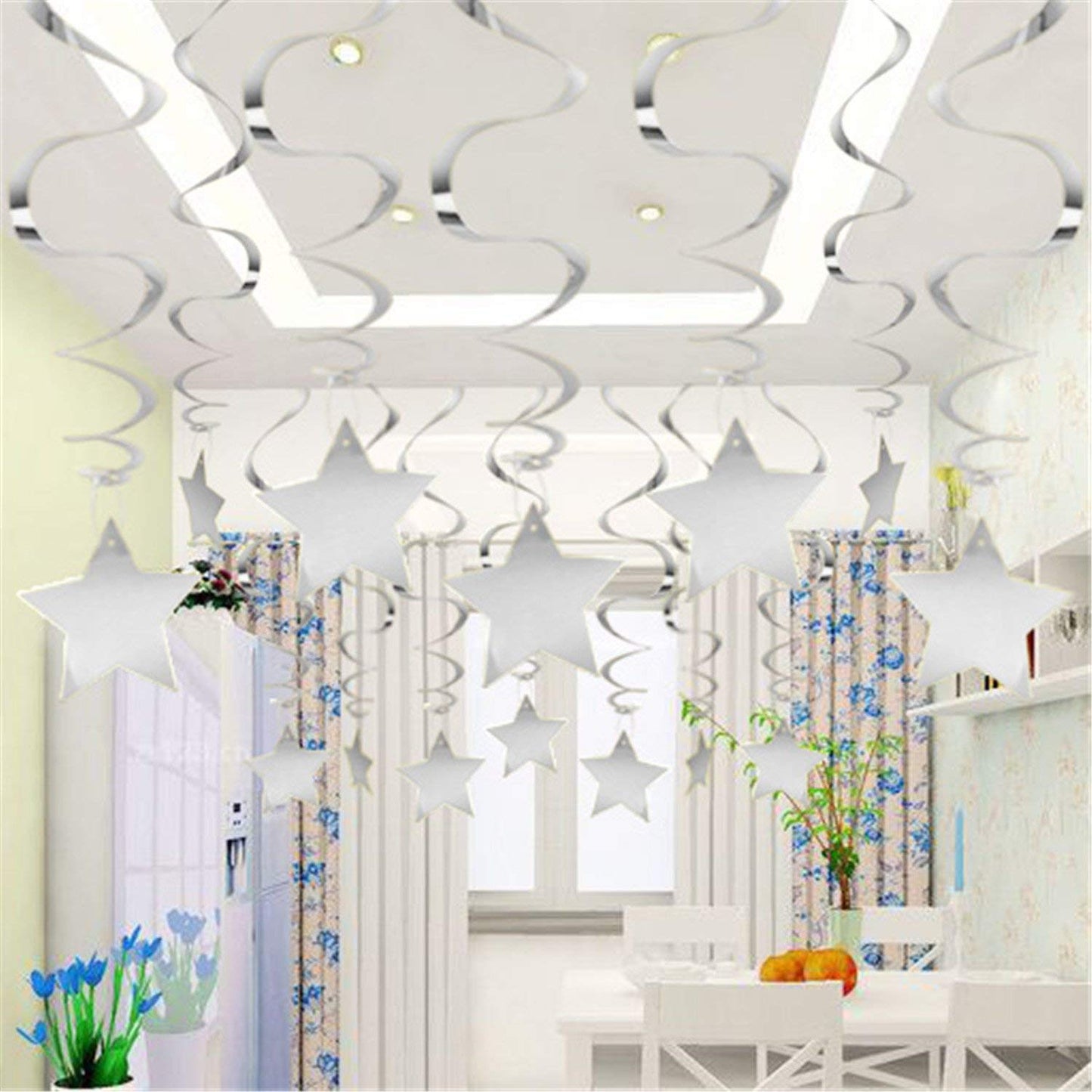 BEISHIDA Silver Star Hanging Swirl Decorations,Hanging Silver Party Supplies for Graduation Wedding Baby Shower Decorations, Pack of 15