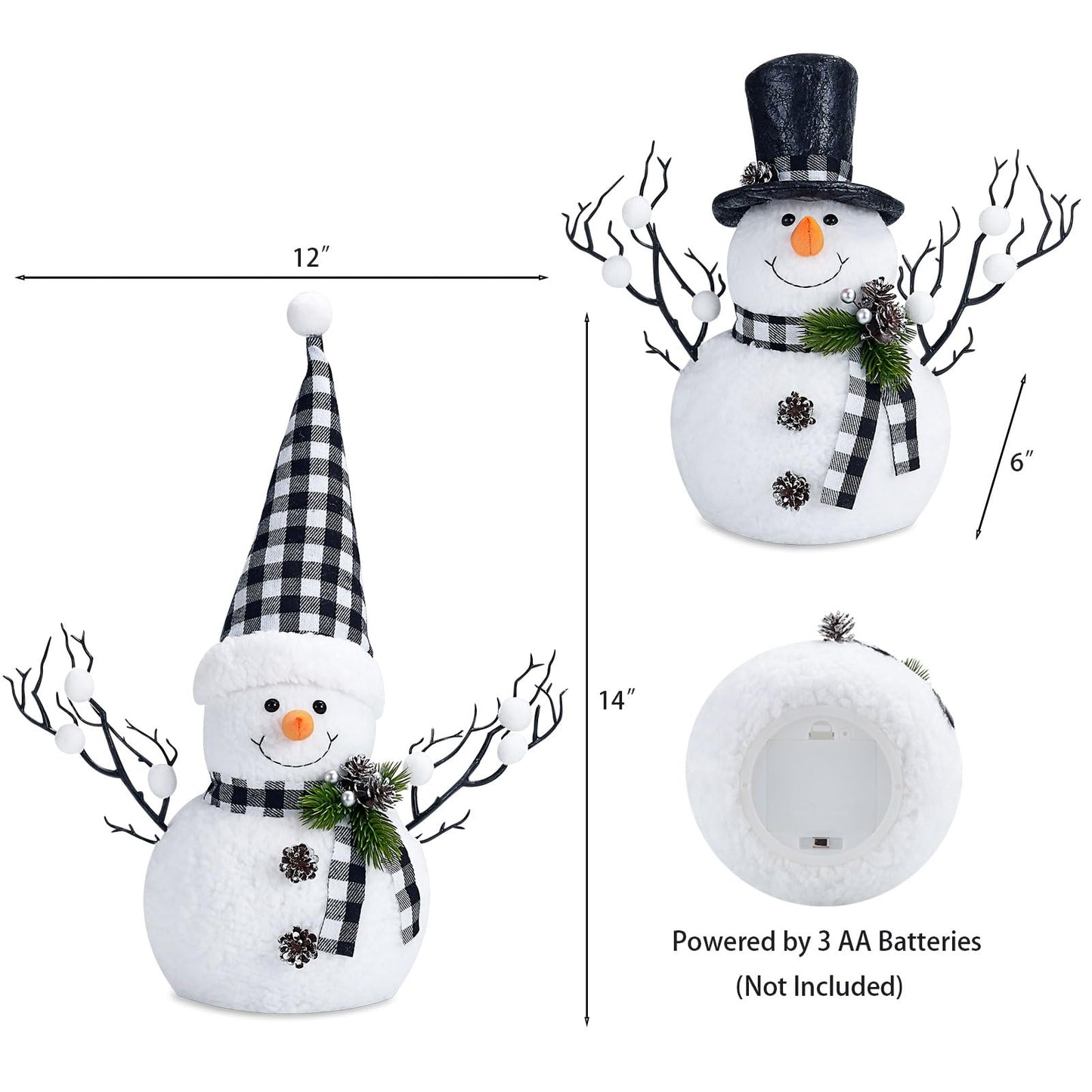 MWDJPXY 2 Pack Black and White Christmas Decor, 14" Lighted Snowmen Tree Buffalo Check Plaid Farmhouse Decorations, Table Centerpieces Rustic Gifts Tiered Tray Decor with for Christmas Party