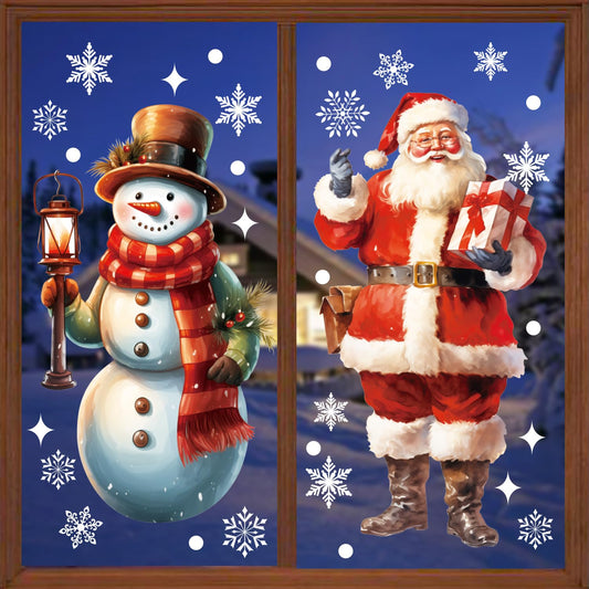 LOKIPA Large Christmas Window Clings, 2 Sheets Extra Large Santa Claus Snowman Window Clings Stickers with Snowflakes for Christmas Decorations