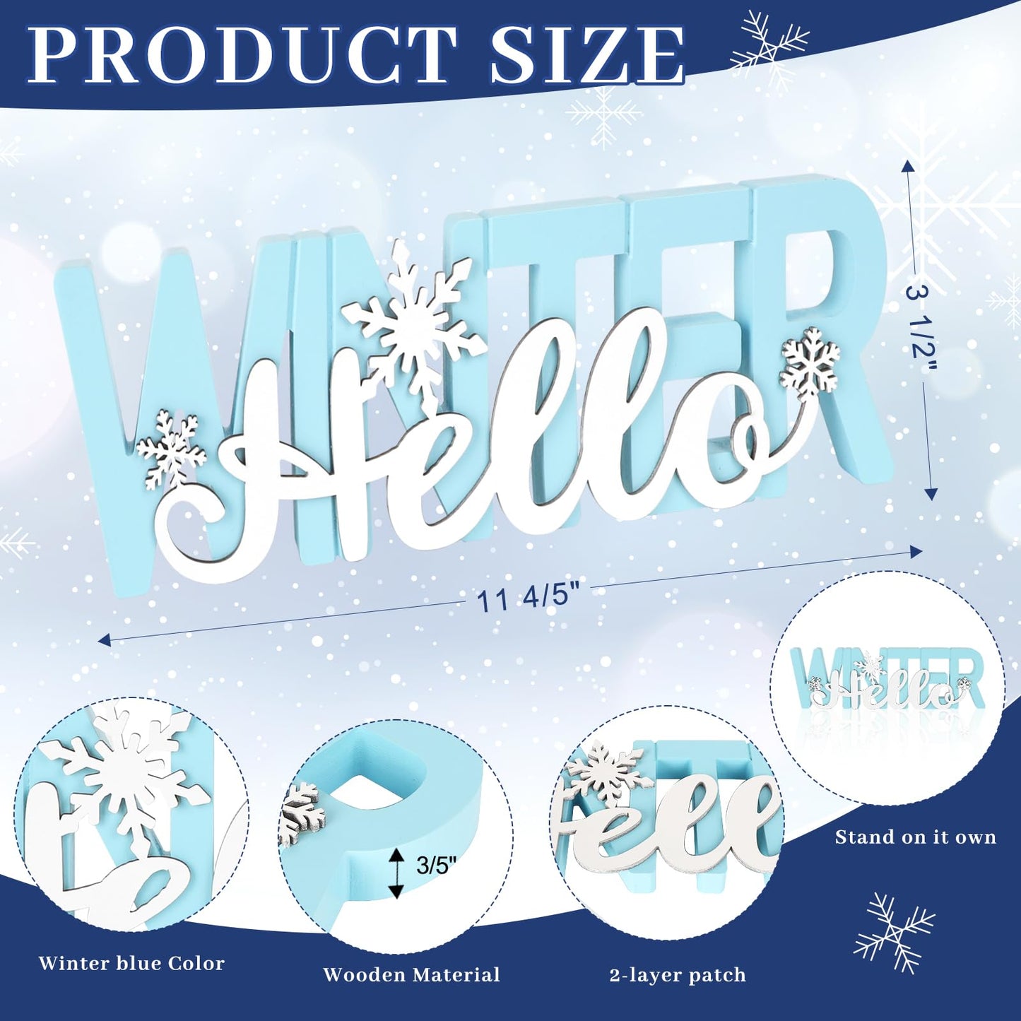 COCHIE Wooden Hello Winter Sign, Holidays Snowflake Decorations for Home, Office, Shelf, Mantel, Indoor, Wood White Snowflake Decor, Blue Table Top Party Supplies Decoration (Winter)