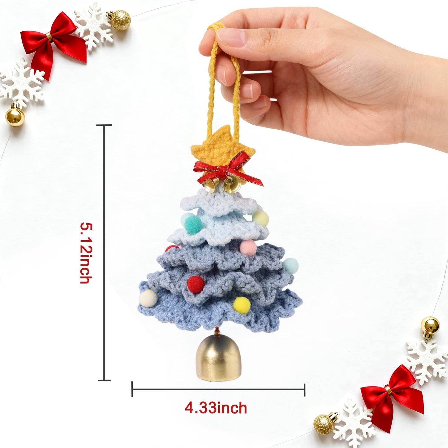 JSSTEM Handmade Crochet Christmas Tree, Hand-Knitted Ornaments Car Pendant with Bells, Stars, Bows & Pom Poms, Cotton Xmas Decor for Holiday Tree, Festive Gift, Home, Car and Party Decor, Blue