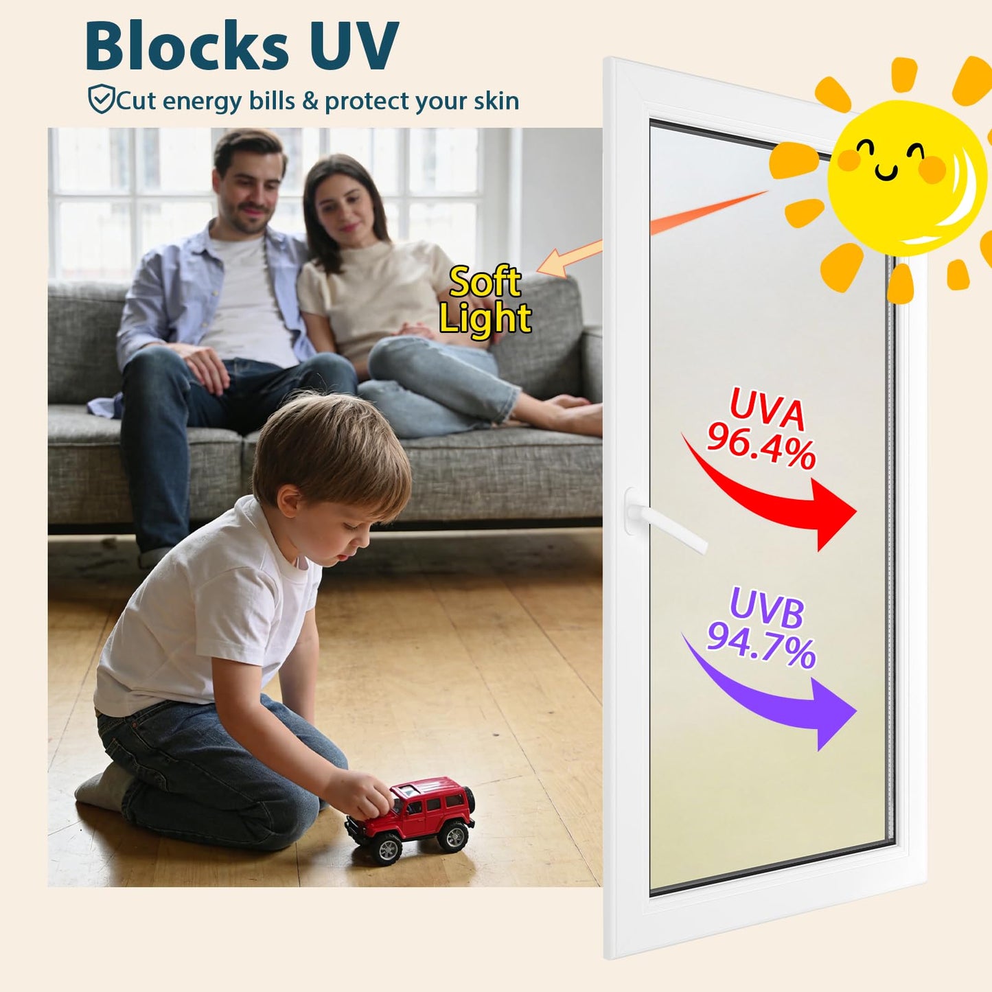 Timeet Window Privacy Film, Frosted Glass Window Clings, Static Cling Heat UV Blocking Anti-Glare Frosting Stickers, Decorative Bathroom Door Coverings Day and Night, 17.5 x 78.7 Inch, Pure