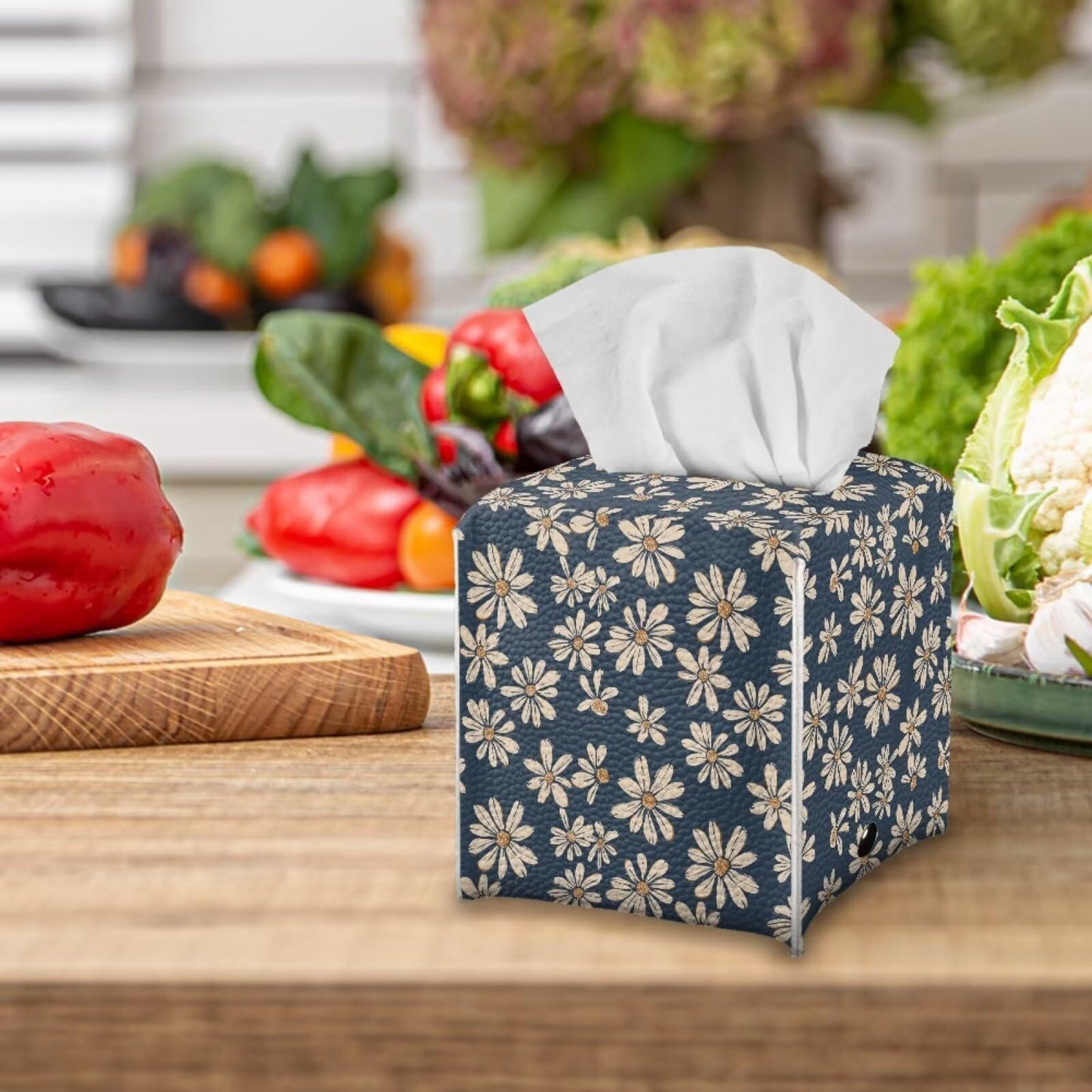 Jnoscergon Decorative Tissue Box Cover Daisy Printed Tissue Box Holder Waterproof Stain-Resistant Furniture Decor