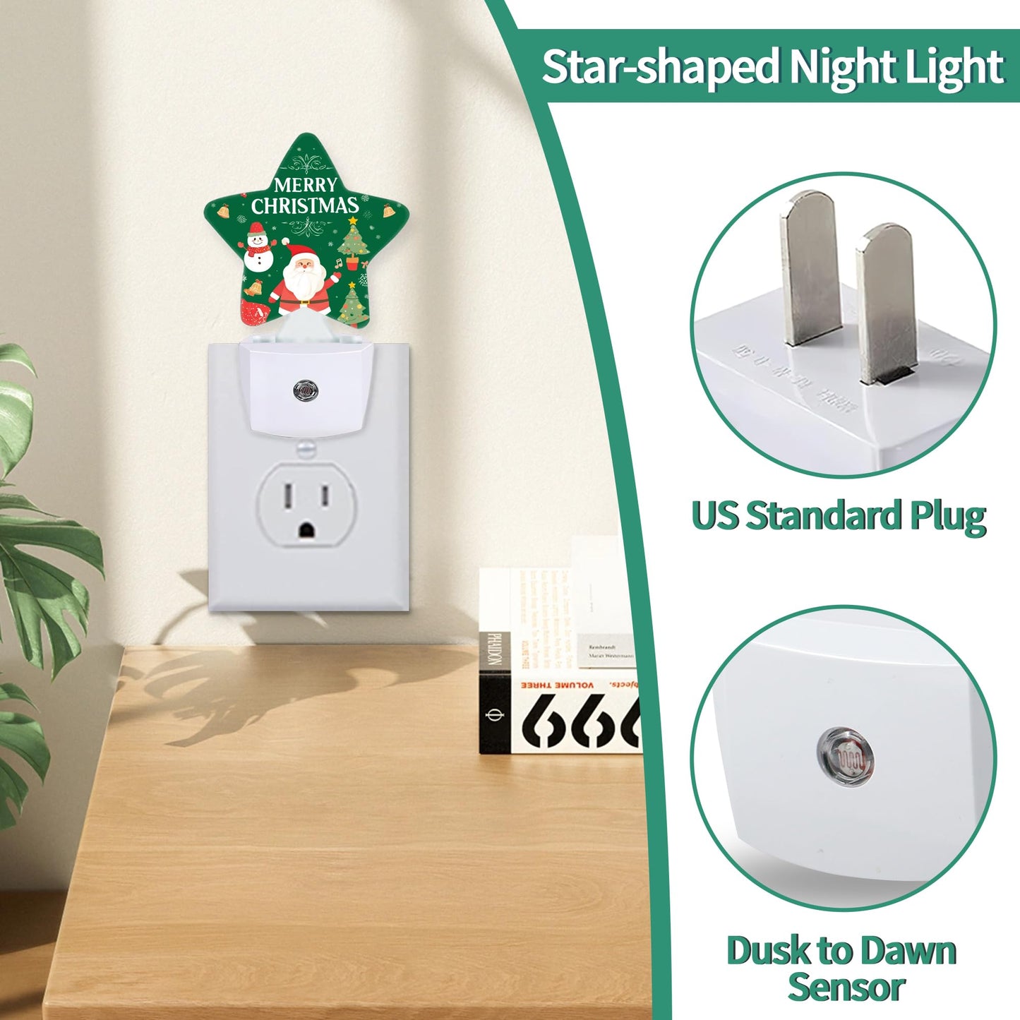 Star Night Light with Dusk to Dawn Sensor, Santa Claus Plug in Night Light for Kids Bedroom Nursery, Soft Warm Glow Lamp for Hallway Bathroom Energy Saving