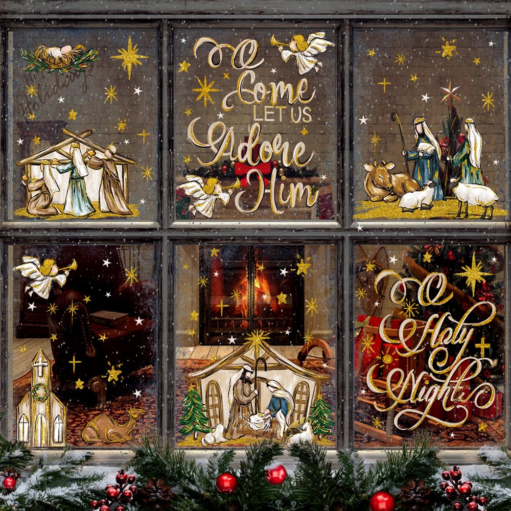 DULEFUN Christmas Window Clings 6 Sheets Jesus Nativity Window Stickers Decals Double-Sided Christmas Glass Window Decoration for Xmas Home Kitchen Office Decor Winter Holiday New Year