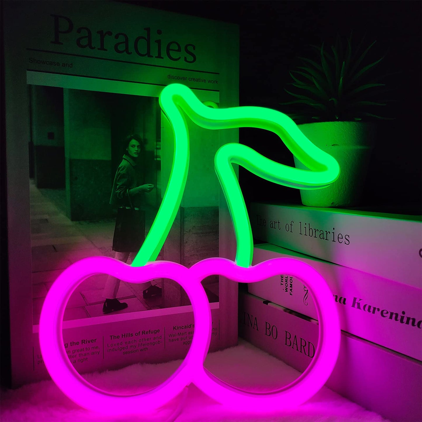 Cherry Neon Sign,Pink Green Cherries Neon Lights Cherry Neon Signs for Wall Decor,Cute Fruits LED Signs for Kids Room Restaurant Bar Fruit Shop Home