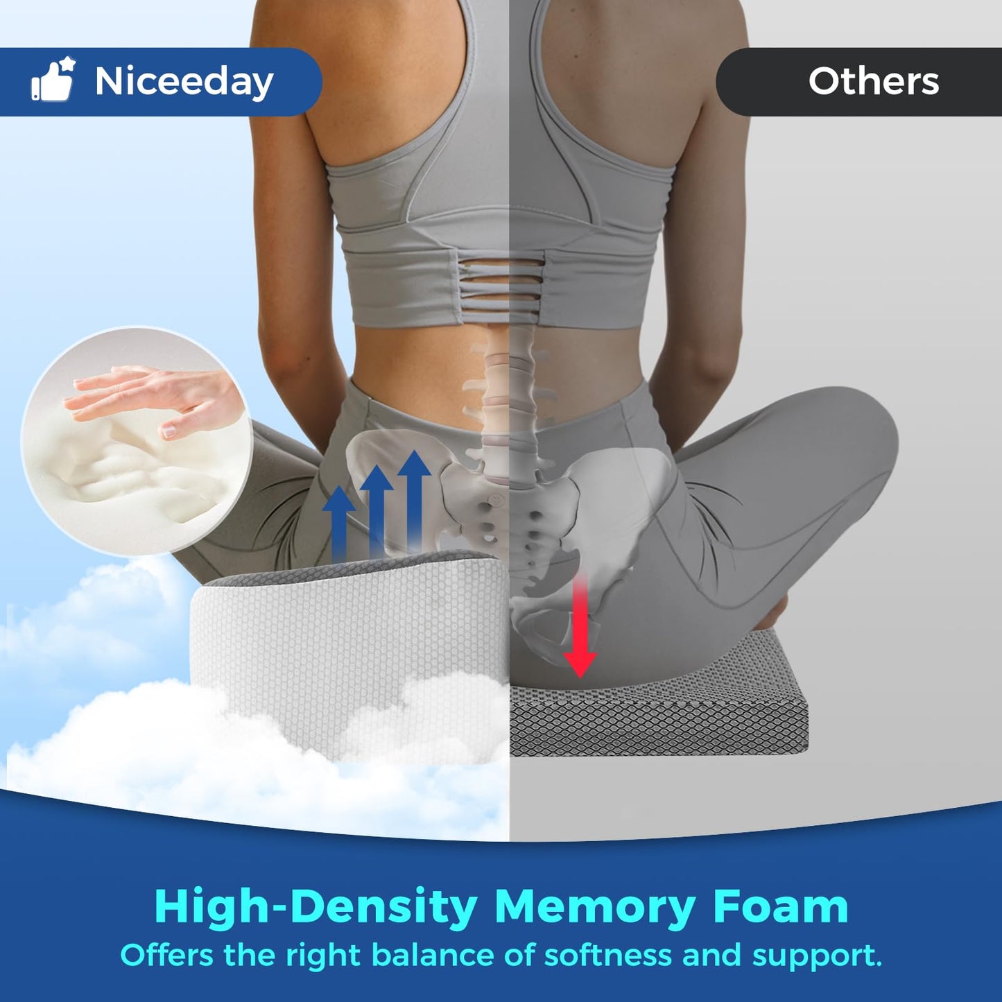 Seat Cushion for Office Chair with Adjustable Loft, Thick Memory Foam Chair Cushion for Back & Sciatica Tailbone Coccyx Pain Relief on Home Chair, Ergonomic Wheelchair Desk Pillow Hip Shaping Support