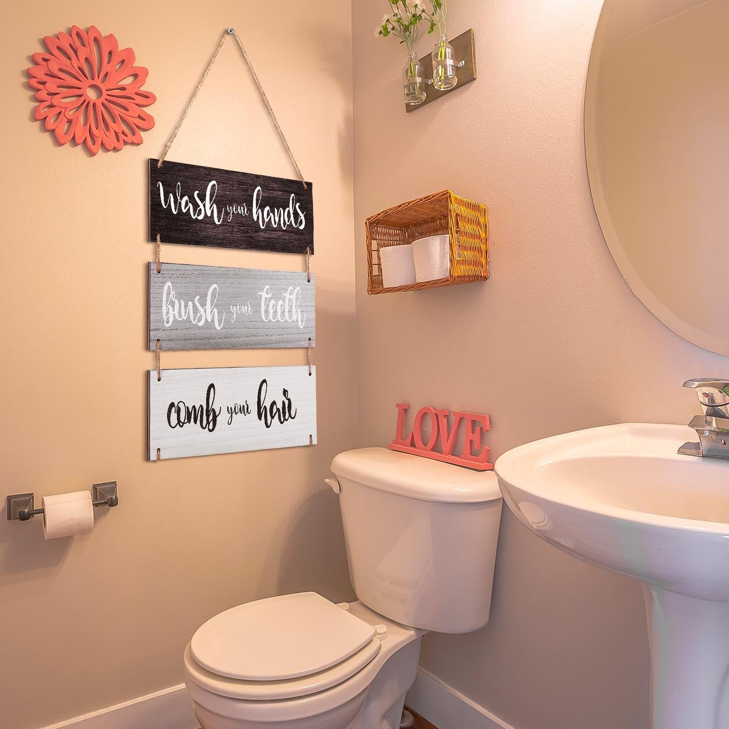 Jetec Farmhouse Bathroom Wall Decor Bath Rules Wall Art Sign Family Hanging Funny Wooden Hanging Sign Rustic Wood Decor for Home Bedroom Outdoor(Simple Pattern,Black, White, Gray)