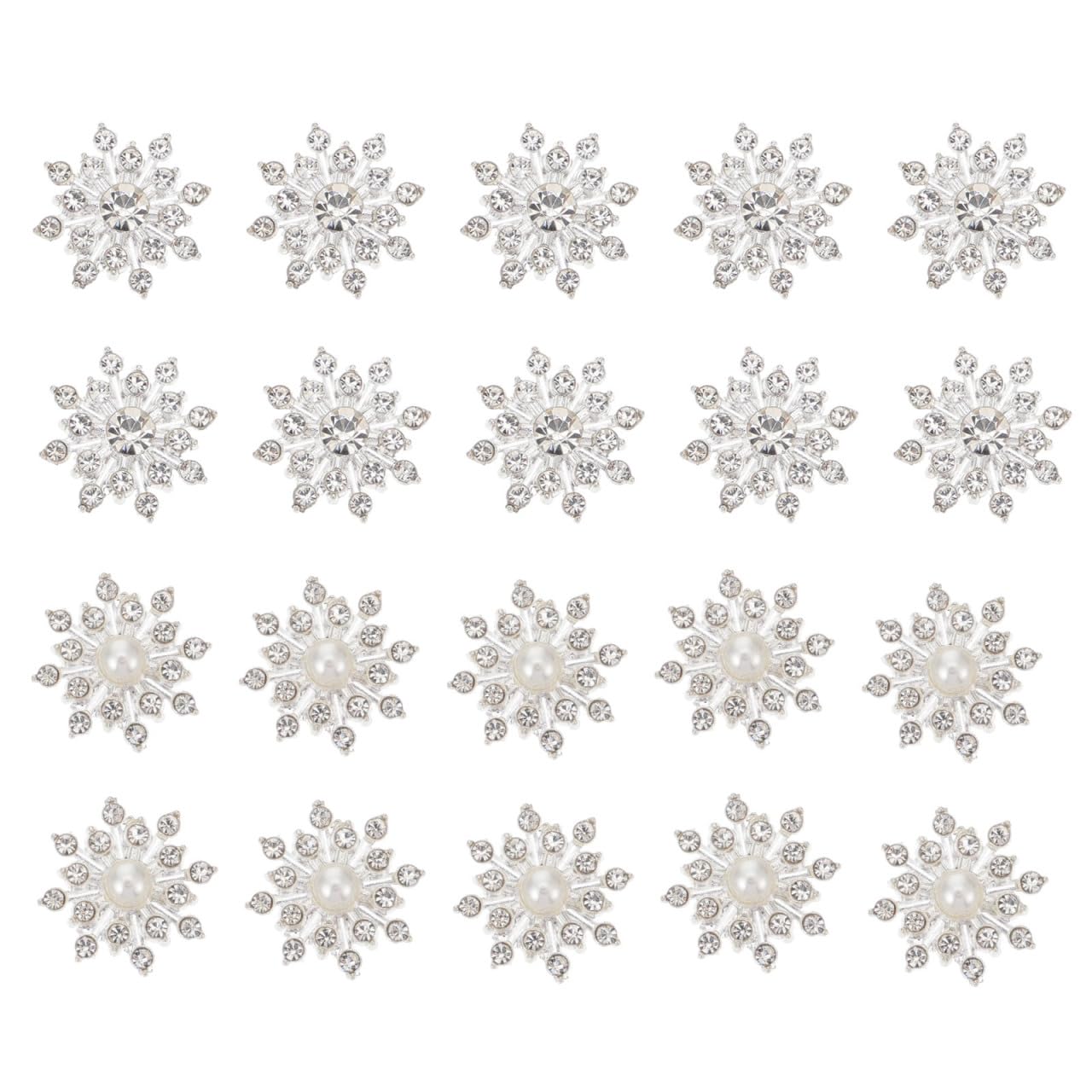 Amosfun 20pcs Silver Crystal Snowflake Pearl Rhinestone Applique Embellishments for Buttons Brooches Crafts Flower Hair Accessories