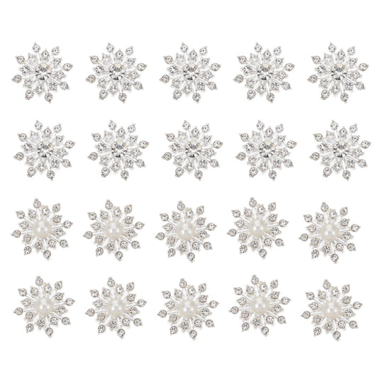 Amosfun 20pcs Silver Crystal Snowflake Pearl Rhinestone Applique Embellishments for Buttons Brooches Crafts Flower Hair Accessories