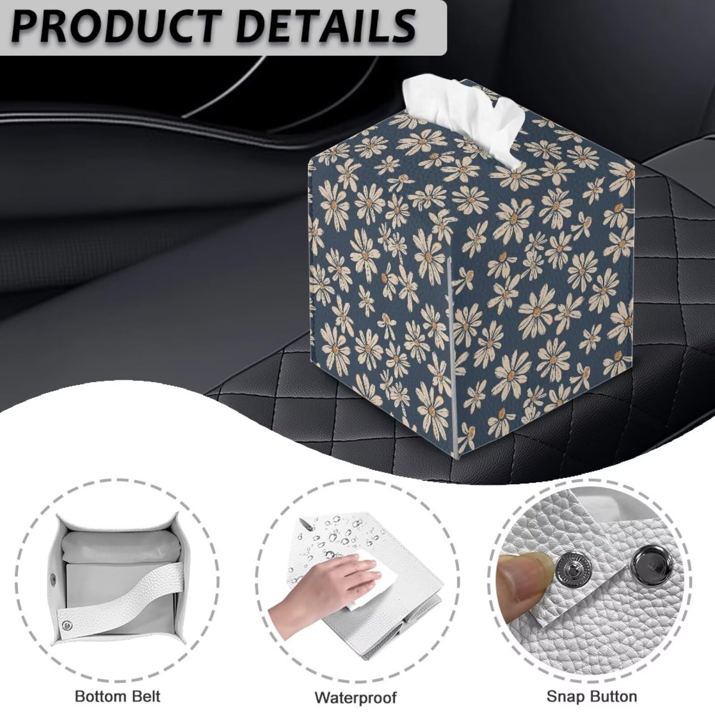 Jnoscergon Decorative Tissue Box Cover Daisy Printed Tissue Box Holder Waterproof Stain-Resistant Furniture Decor