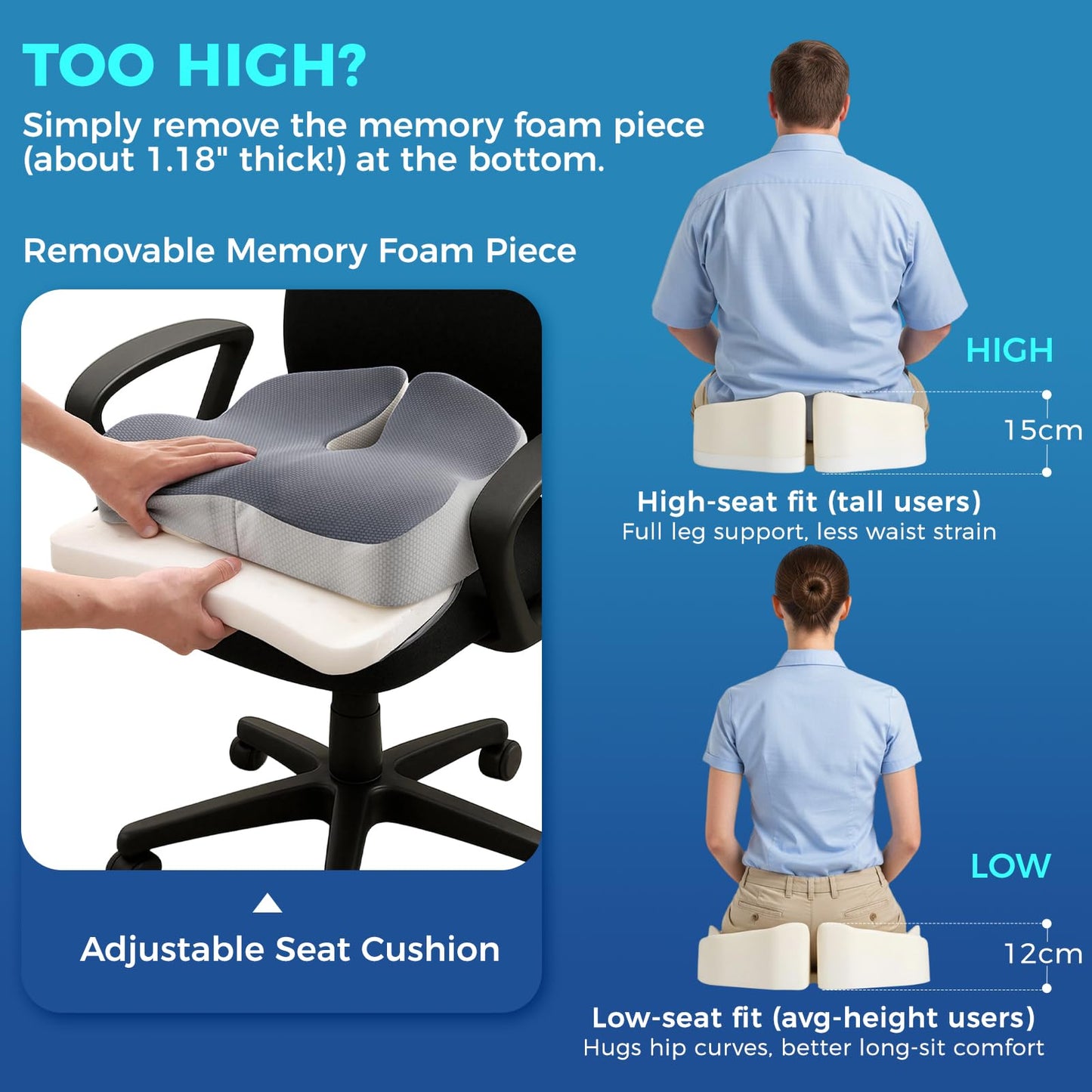 Seat Cushion for Office Chair with Adjustable Loft, Thick Memory Foam Chair Cushion for Back & Sciatica Tailbone Coccyx Pain Relief on Home Chair, Ergonomic Wheelchair Desk Pillow Hip Shaping Support