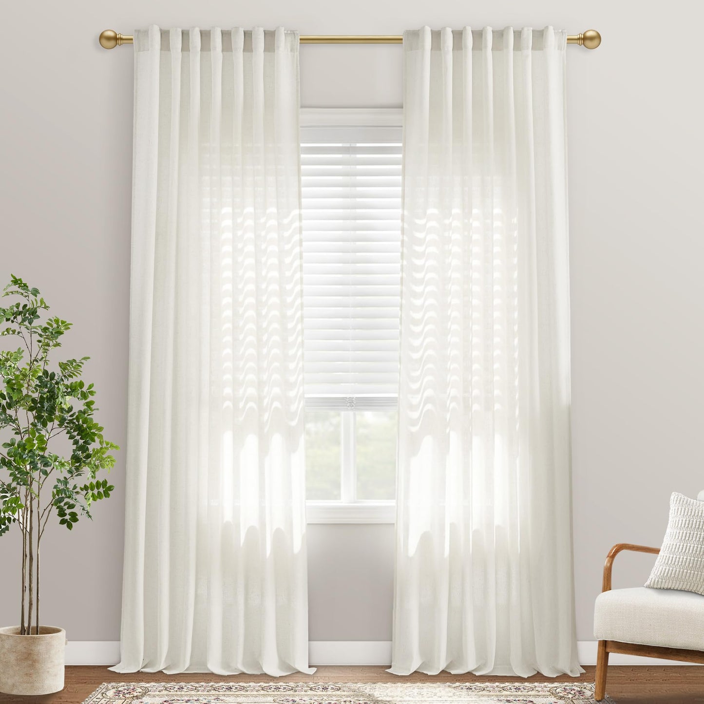 Undyed Natural Linen Cotton Blend Gauze Curtains, Soft Lightweight Light Filtering Semi-Sheer Panels for Living Room Bedroom, 84 Inch Length, 2 Panel Set