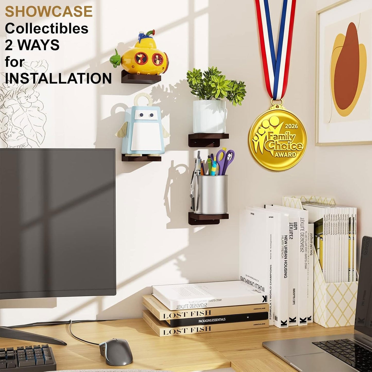 SRIWATANA Small Floating Shelves Wall Mounted, Wood Shelf for Decoration and Storage Set of 4, Mini Display Shelf for Bedroom, Bathroom, Kitchen, Office (Walnut, 4 inch)