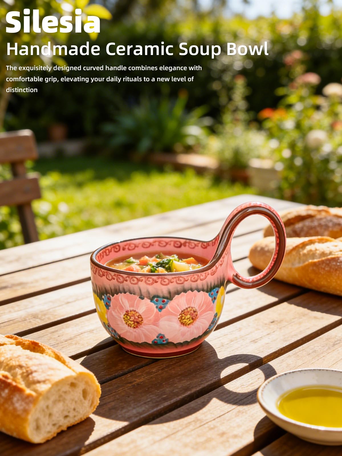 silesia Handmade Ceramic Soup Bowl with Loop Handle, Hand Painted Floral Cereal Bowl, Artisanal Soup Mug for Chili, Stew, Oatmeal, Microwave Safe, Glazed Pink