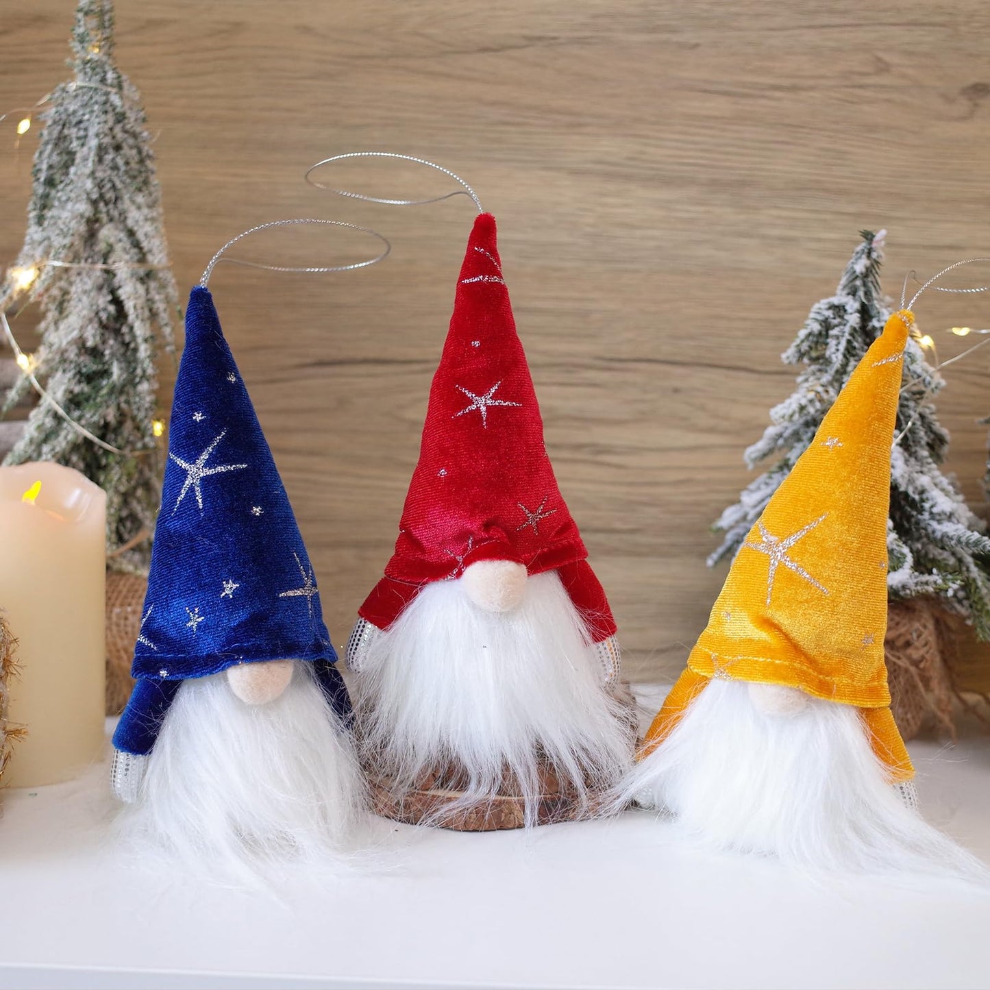 Etistta 6PCS Gnome Christmas Ornaments, 6.5 inch Velvet Christmas Tree Ornaments with Led Lights, Christmas Hanging Decorations