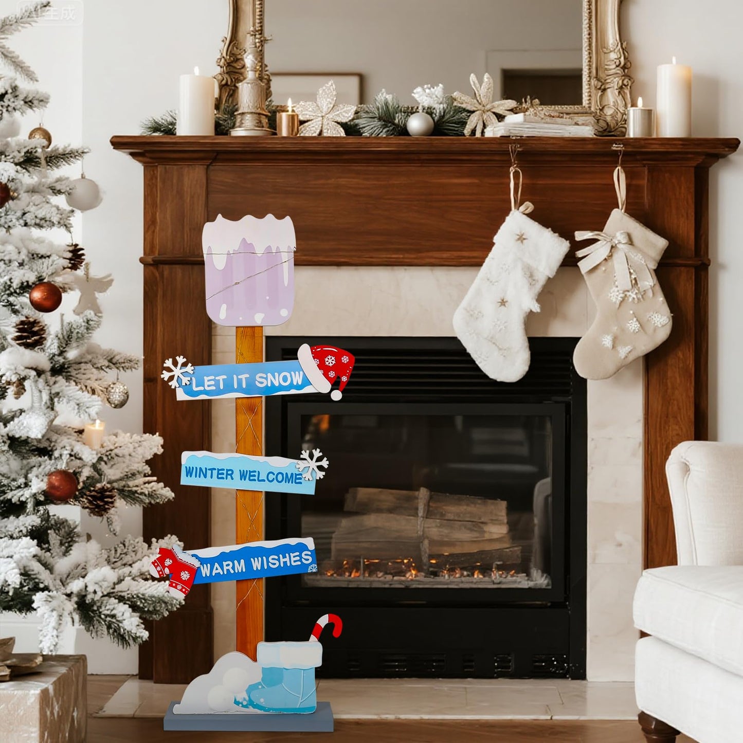 Lighted Wooden Winter Porch Sign | Let It Snow Winter Welcome Porch Decor |Xmas Hat Gloves Candy Cane Wood Signs for Winter Wonderland Bule Decorations