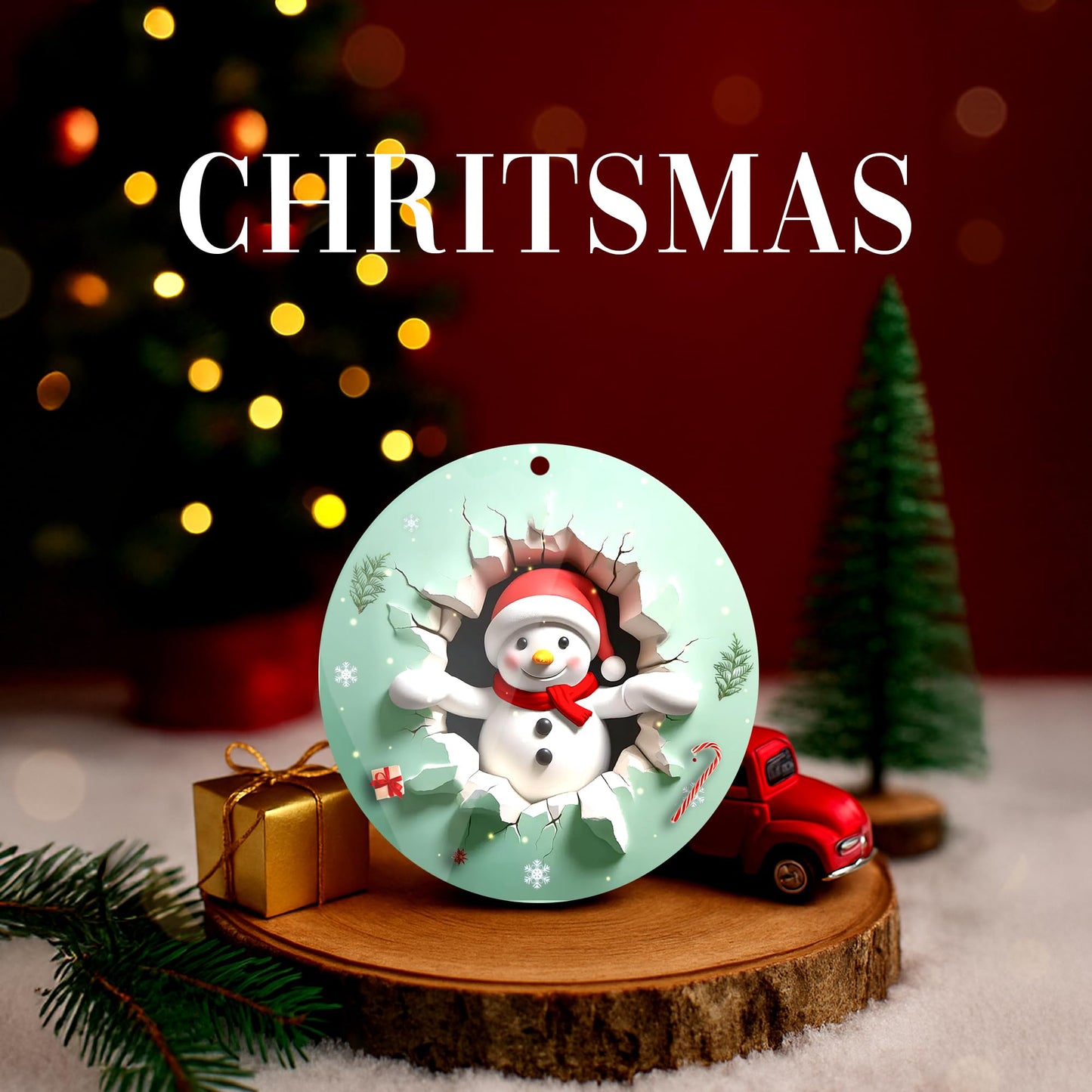 Faythory Snowman Christmas Ornament 2025 – 3D Illusion Printed Design, Cute Snowman, Elegant Shatterproof Ornament for Christmas Tree, Indoor Holiday Décor, 4” Round