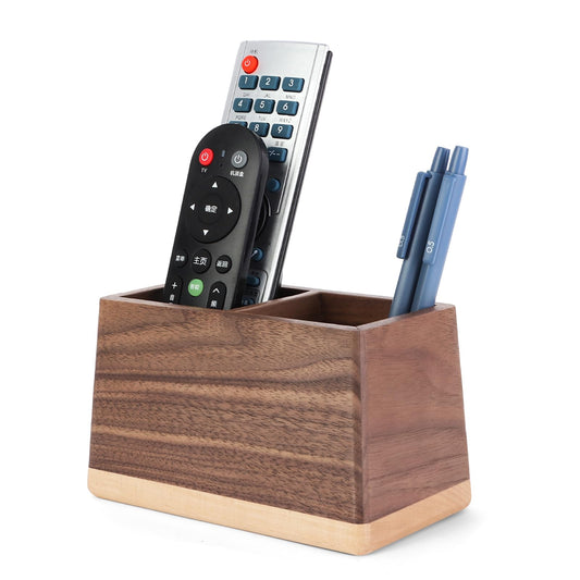 Sakulaya Walnut Pencil Holder Wood Pen Holder for Desk Multiple-Use Desk Writing Stationary Organizer Office School Supplies Storage Double Slots Trapezoid Shape
