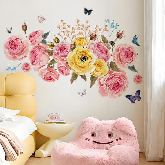 Rotamora Watercolor Peony Wall Decals Spring Floral Wall Stickers Decals Large Peony Butterfly Removable Art Decal Delicate Pink Flower Peel and Stick Sticker for Living Bedroom Wallpaper Decoration