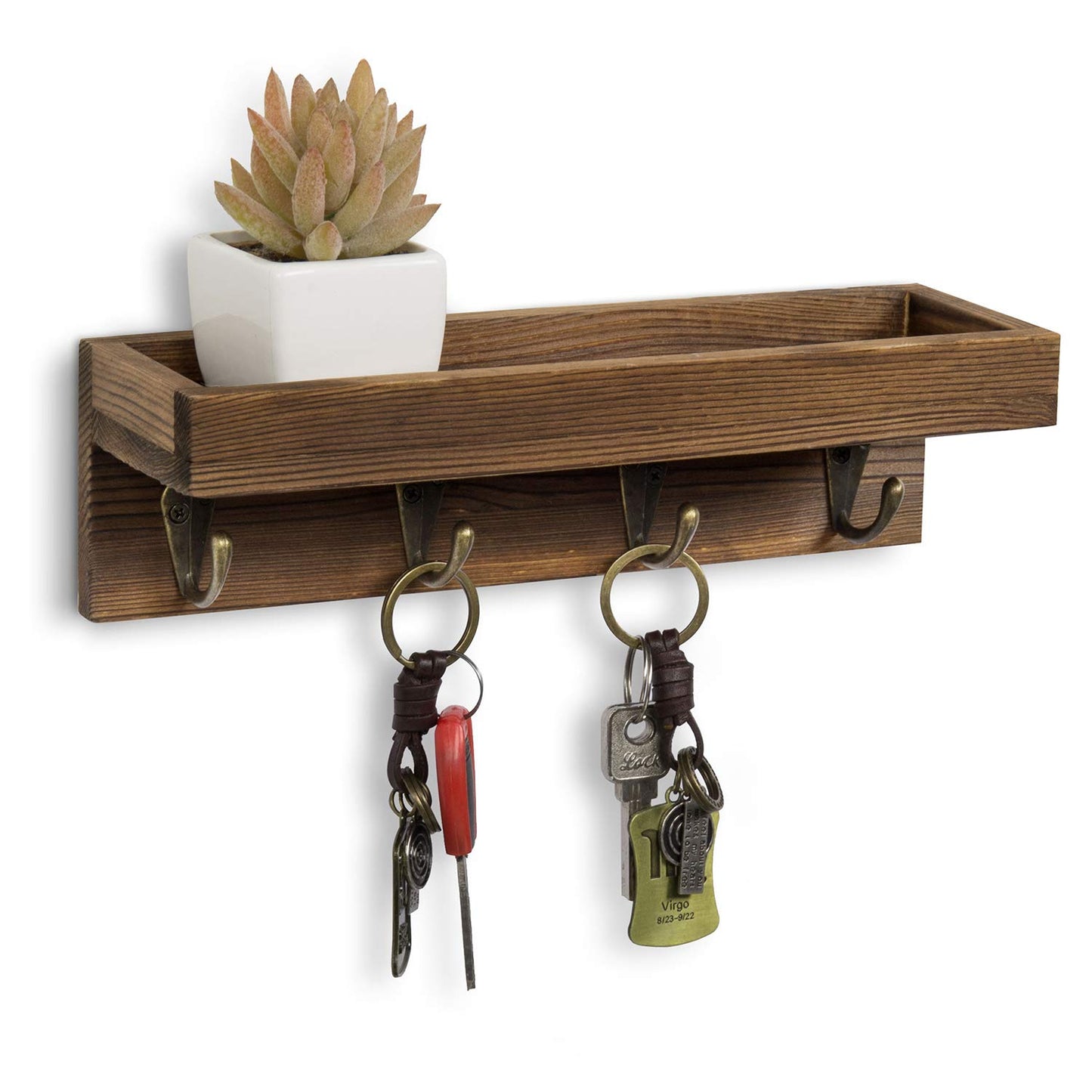 MyGift 10 Inch Floating Wall Shelf with Hooks, Dark Brown Wood Entryway Storage Shelf with 4 Metal Key Hooks