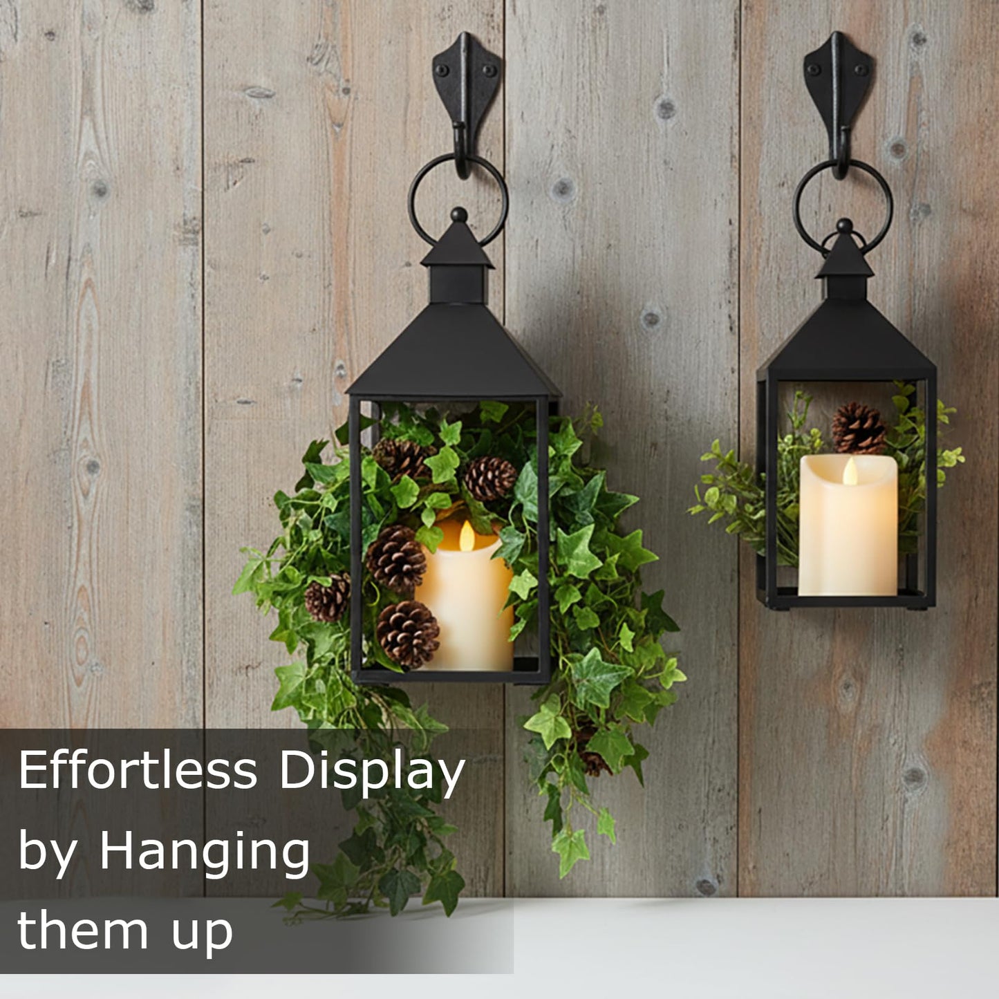 Sunnyfuture Lantern Decorative Outdoor/Indoor Set of 2 (15" & 11") Black Metal Candle Lanterns with Flameless, Farmhouse Decoration for Home, Porch, Garden, Mantle, Wedding