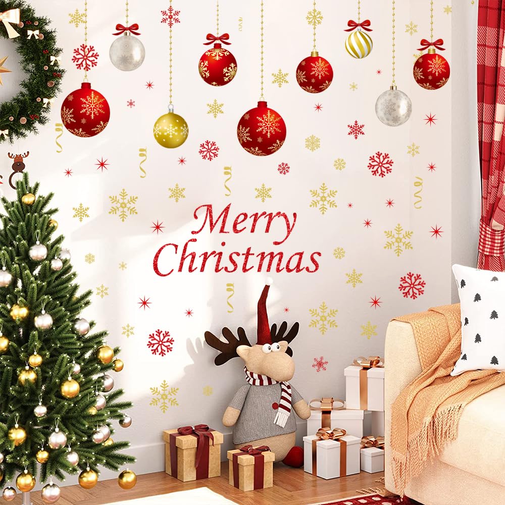 IMISHM Christmas Wall Decals - 6 Sheets Removable Decorations, Stickers for Wall, Window, Refrigerator Door - Balls and Ornaments