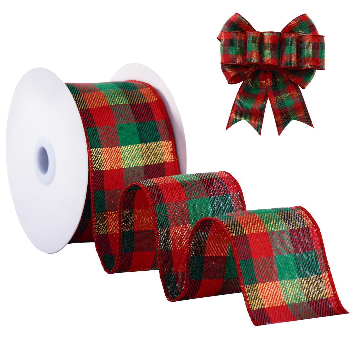 FAKILO Christmas Wired Ribbon 2-1/2 inch x 10 Yards Gold Red and Green Gingham Buffalo Plaid Tartan Christmas Ribbon for Tree Wreath Decor Gift Wrapping Topper Bow Making