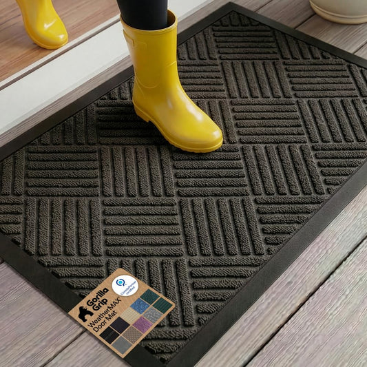 GORILLA GRIP 100% Waterproof All-Season WeatherMAX Doormat US Designed Natural Rubber, Stain Fade Resistant, Low Profile Indoor Outdoor Door Mats, Easy Clean, 29x17 Gray Diamond
