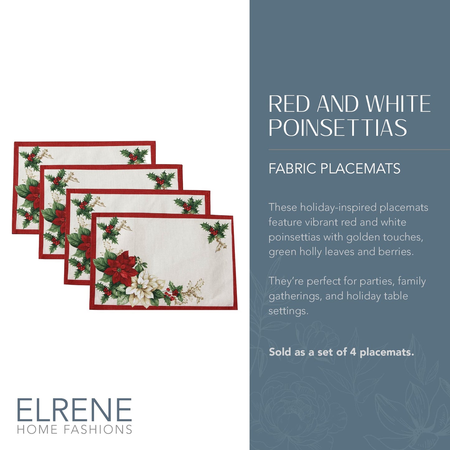 Elrene Home Fashions Red and White Poinsettia Holiday Fabric Placemats, Christmas Mats for Table Decor, 13 Inches x 19 Inches, Set of 4