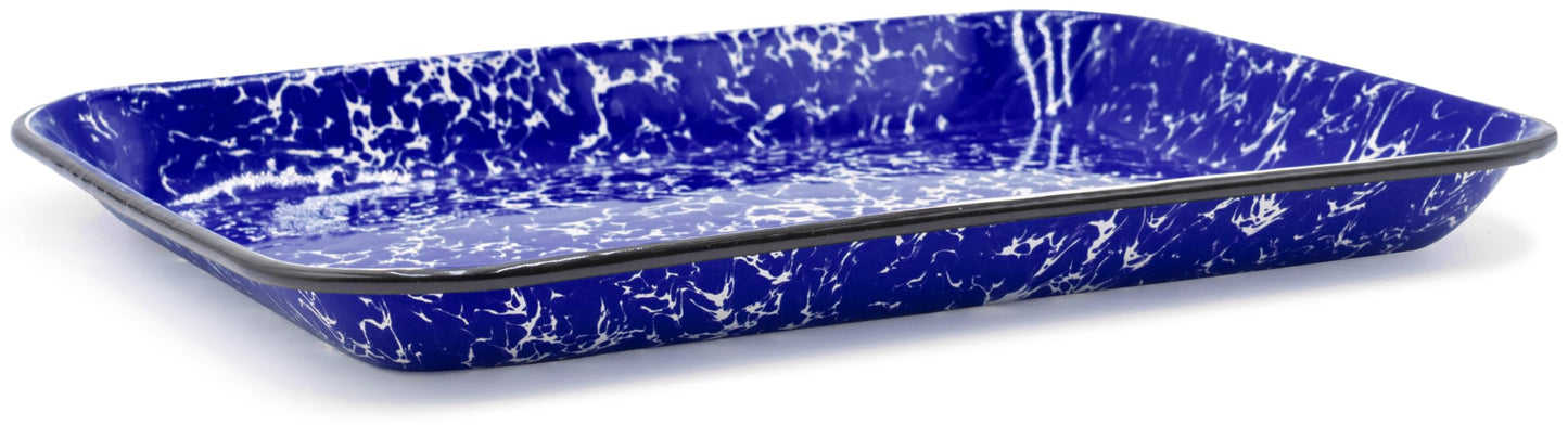 Red Co. 13.5” x 10” Enamelware Metal Classic 1.6-Quart Rectangular Serving Tray, Navy Blue Marble/Black Rim – Splatter Design