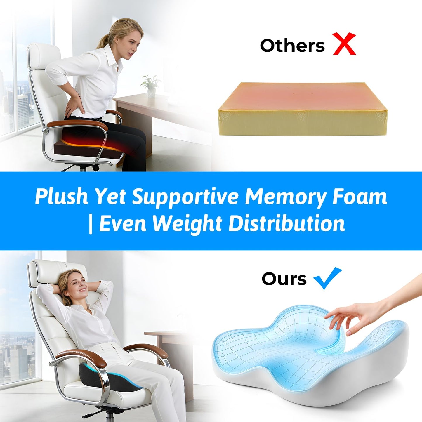 Seat Cushion for Tailbone & Sciatica Pain Relief – Certified & Ergonomist-Designed – Tapered Front Edge Reduces Thigh Pressure – Wide Memory Foam for Office Chair, Car, Wheelchair (Gray)