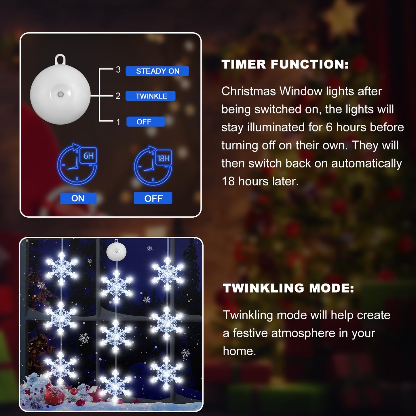 LYUBASA 3Pcs Christmas Window Lights Decorations with Timer, Battery Powered Christmas Window Hanging White Lighted Snowflake Shaped LED Sucker String Lamp for Xmas Tree Fireplace Window Indoor Decor