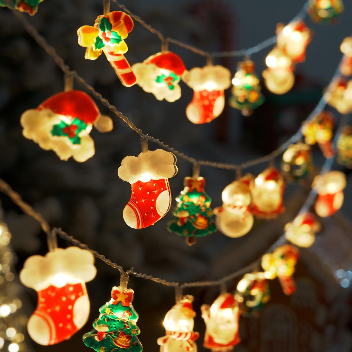 LOLStar Christmas Fairy String Lights, 20 LED Xmas Warm White Lights Hanging Decors with Santa Claus Wreath Tree Snowman Candy Cane Hat Stockings Battery Operated Indoor Window Lights for Party Home
