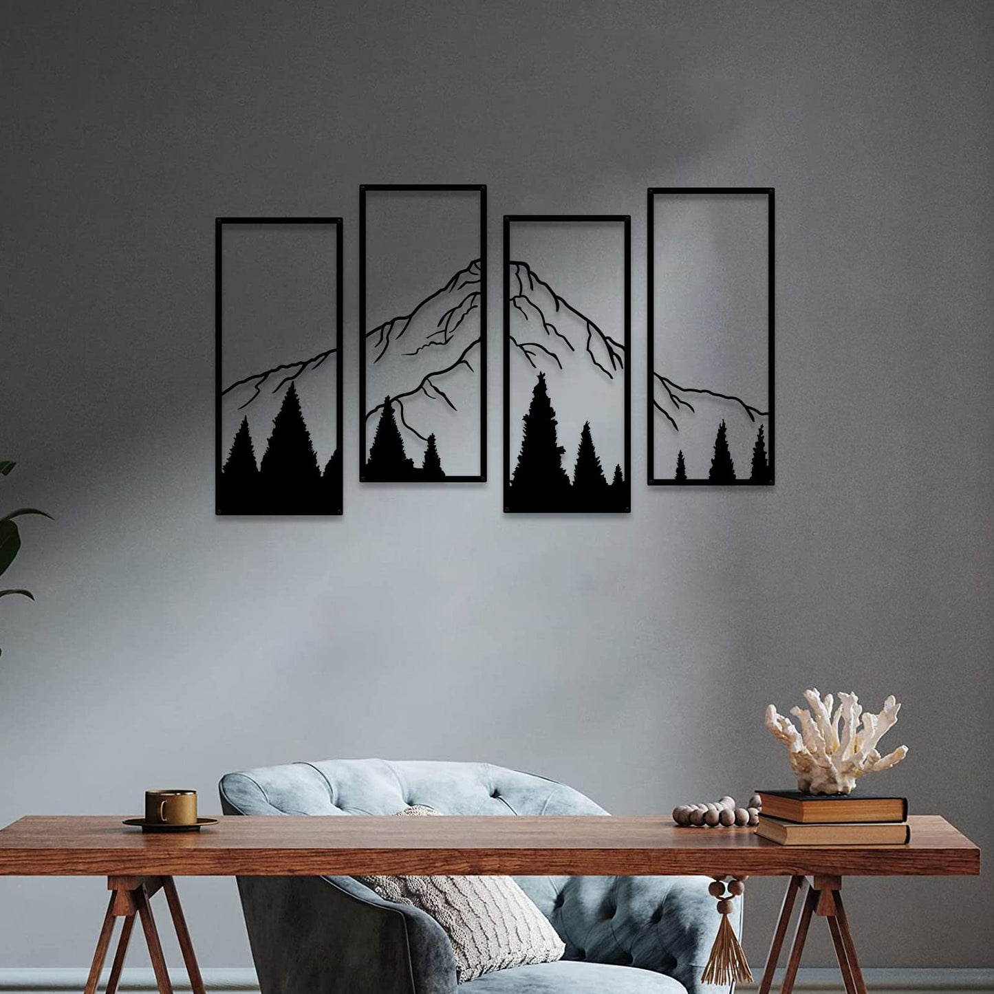 ruelen 4 Pcs Metal Mountain and Forest Wall Decorations Line Drawing Wall Art Minimalist Wall Decor Rustic Nature Home Wall Art Sculpture Office Living Room Bedroom