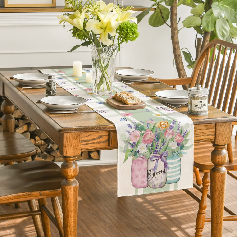 Artoid Mode Vase Bloom Tulip Lavender Summer Table Runner, Seasonal Spring Kitchen Dining Table Decoration for Home Party Decor 13x72 Inch