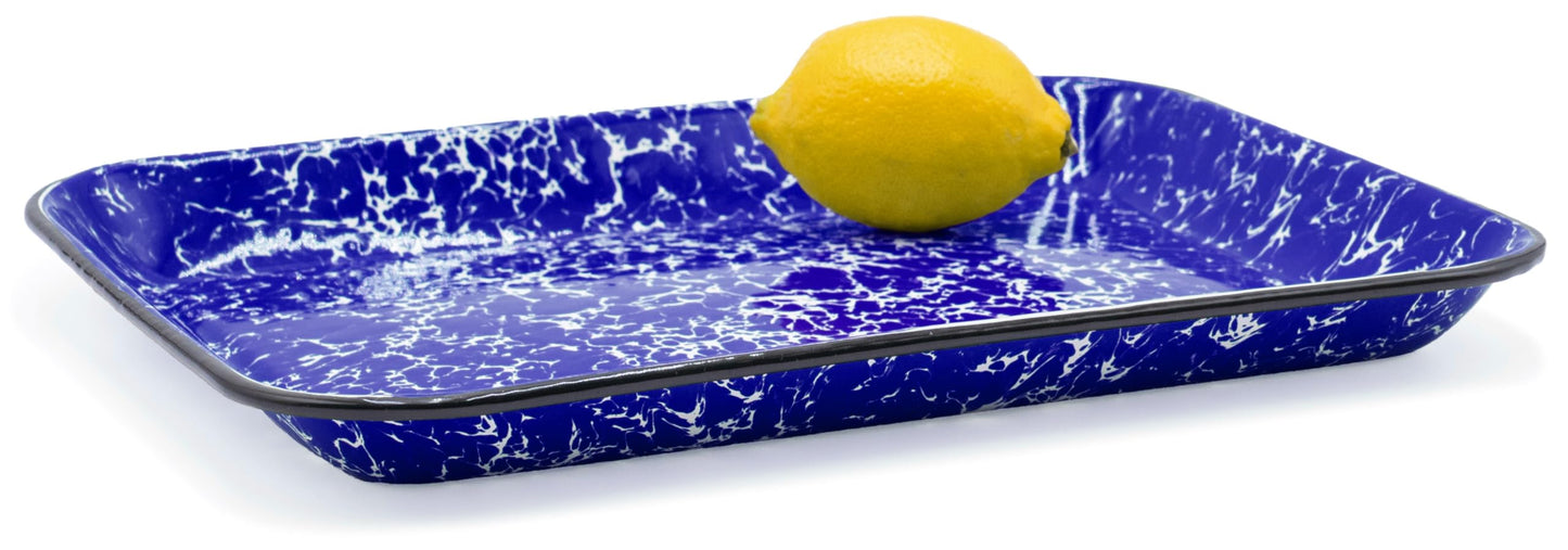 Red Co. 13.5” x 10” Enamelware Metal Classic 1.6-Quart Rectangular Serving Tray, Navy Blue Marble/Black Rim – Splatter Design