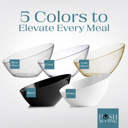 Posh Setting - White Plastic Serving Bowls for Party - Angled, Disposable, Chip & Candy Bowls - 54 OZ, 5 Pack