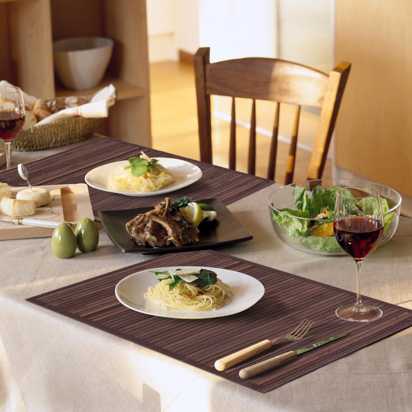 BMBOEUII Bamboo Placemats Set of 4, Dining Table Placemats Heat-Resistant, Durable and Sturdy, Wooden Square Placemats for Kitchen, Table Protection, Dining Room (4pc)
