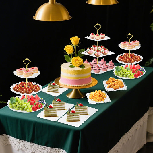 Lazycorner 10 Pcs Dessert Table Display Stands Set , with 4 Pcs 3-Tier Cupcake Stand & 6 Pcs Food Serving Tray - Cookie Tray Rack Serving Tray Cake Display Tower for Wedding Baby Shower Tea Party