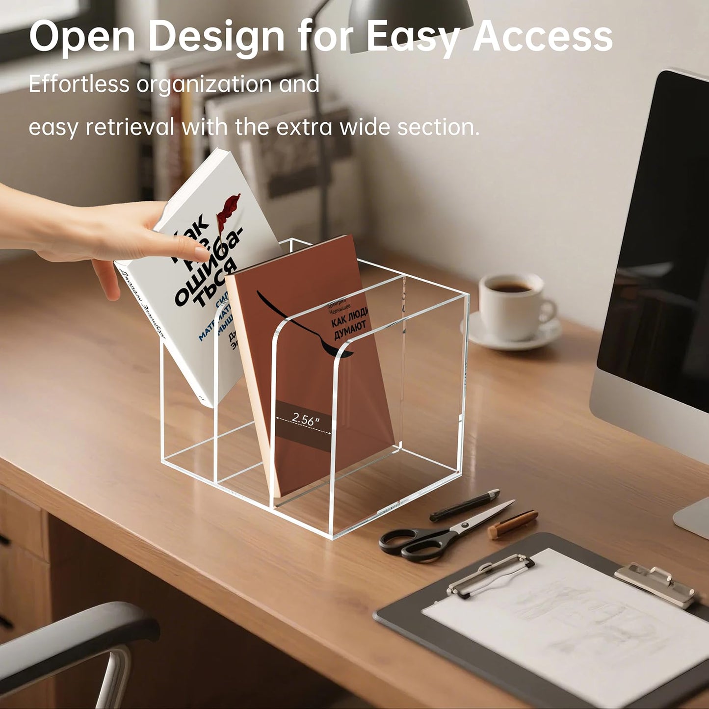 POCFOINY Acrylic Desk Organizer Book Organizer, Magazine File Holder, Vertical File Organizer Stand File Folder Holder, Mail Organizer Countertop Mail Sorter File Sorter, Clear Book Ends Book Holder